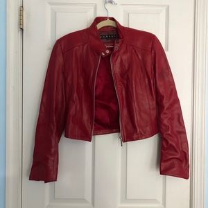 red faux leather jacket